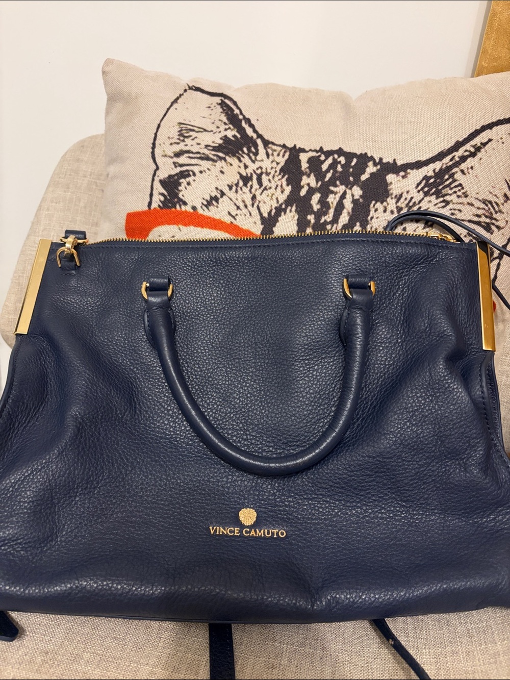 Vince Camuto Navy Leather Tote with Gold Hardware